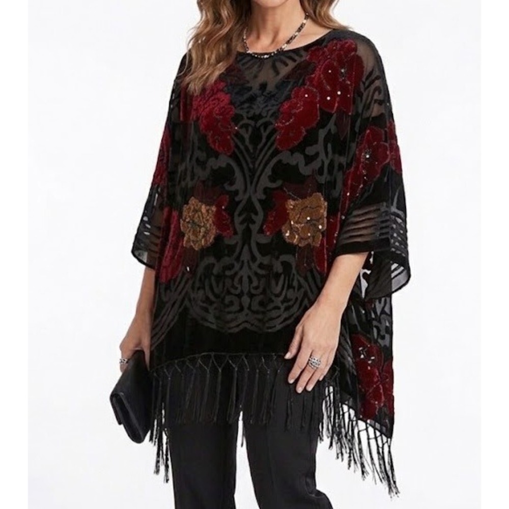 Coldwater Creek Velvet Burnout Floral Kimono Sequin Tassel Wrap OS Red Black